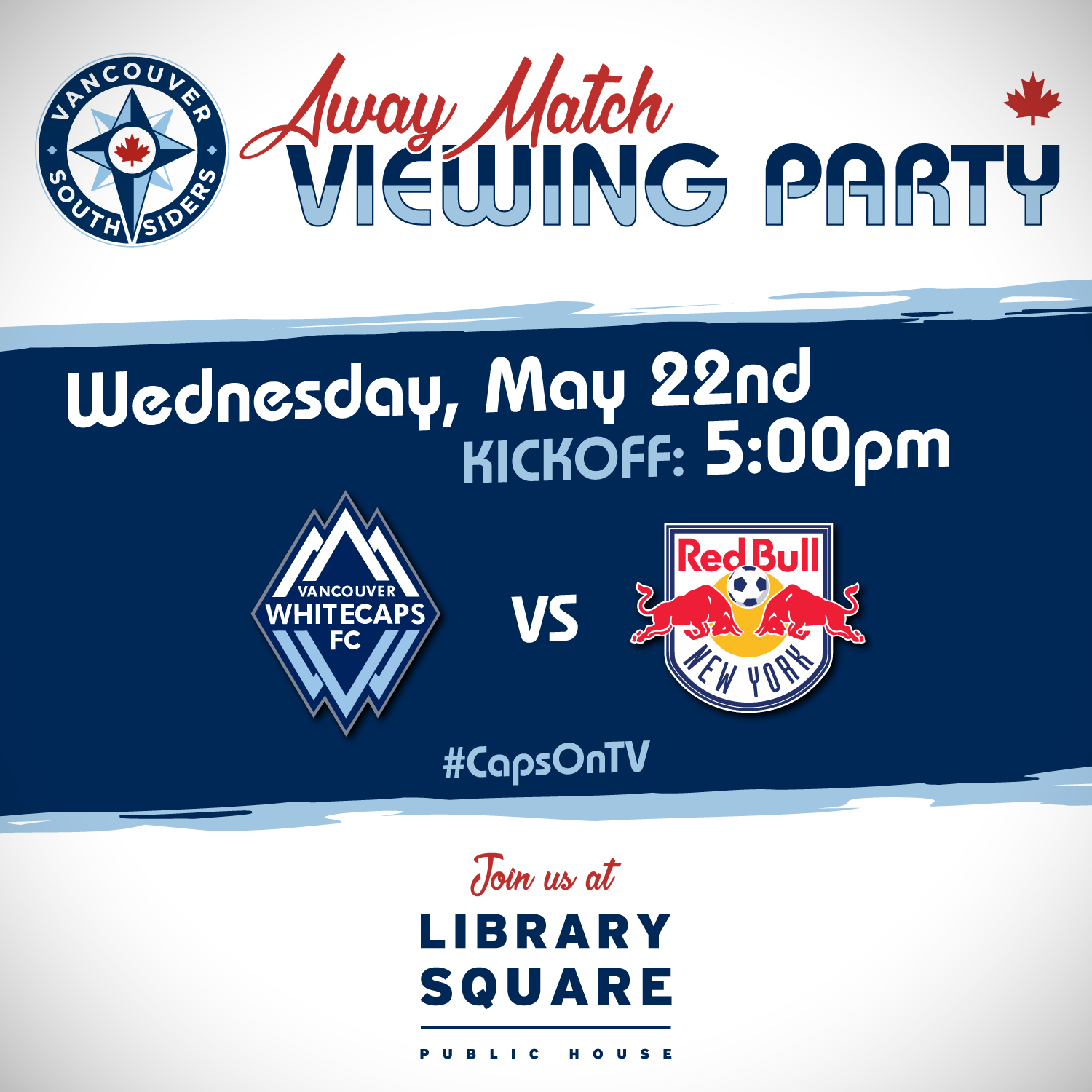 Away match viewing party vs NYRB at Library Square Wednesday, May 22nd, Kickoff 5:00pm